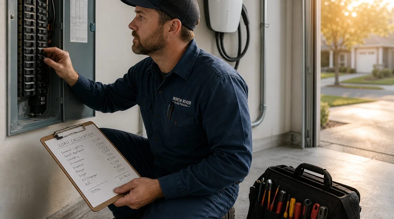 An electrician kneeling at an open home electrical panel with a Tesla Wall Connector mounted on the garage wall behind him.
