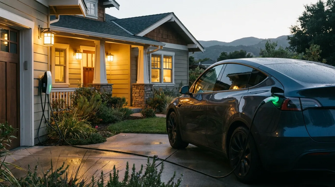 Tesla vehicle plugged into a Wall Connector home charger