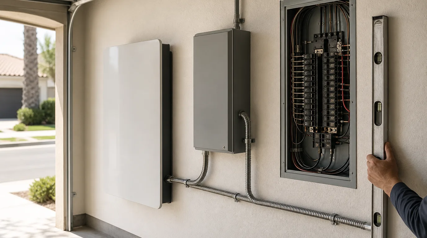 A wall-mounted home battery and gateway installed beside an open electrical panel in a California garage.