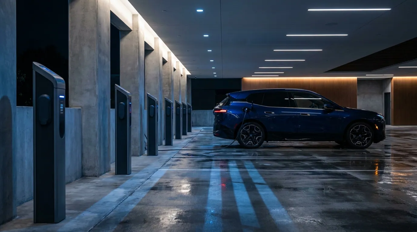Commercial EV charging installation at night by Rizzo Electric, Southern California