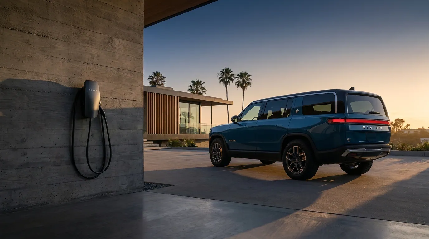 Tesla Wall Connector EV charger installed at a modern California luxury home, magic hour twilight