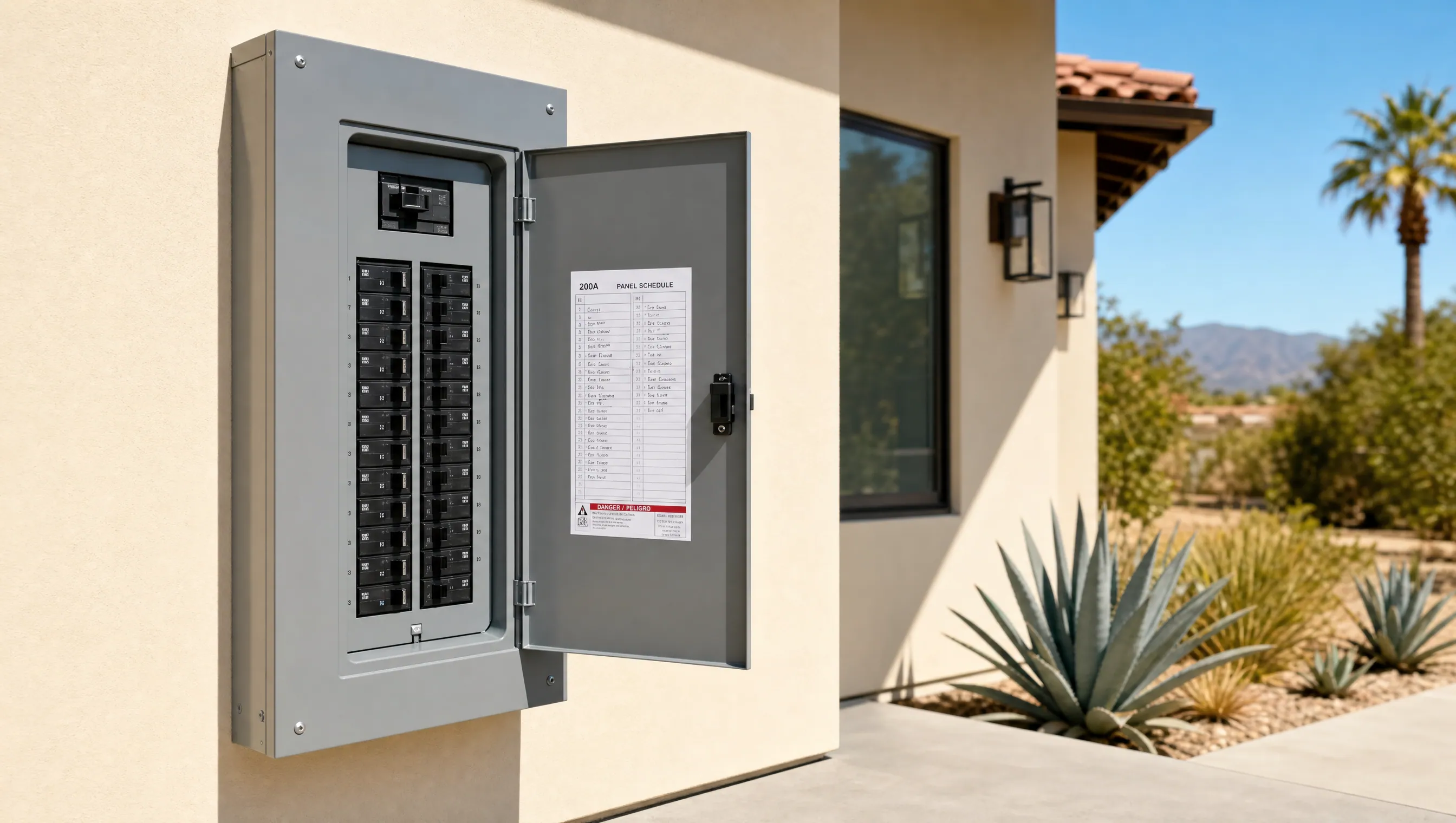 Residential 200A electrical panel upgrade by Rizzo Electric on a clear Southern California day