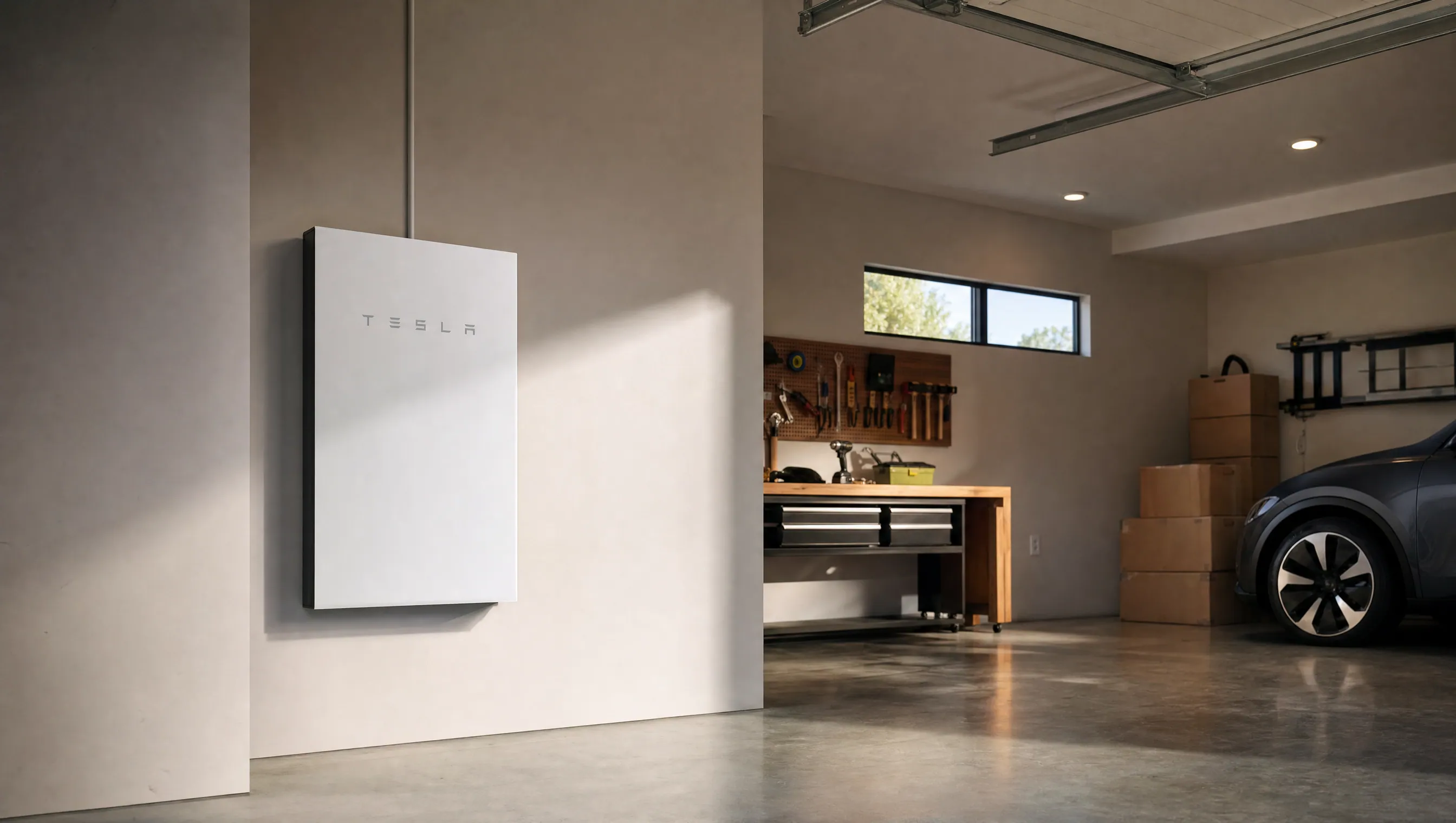 Tesla Powerwall 3 installed inside a residential California garage with clean conduit and TESLA wordmark visible, by Rizzo Electric