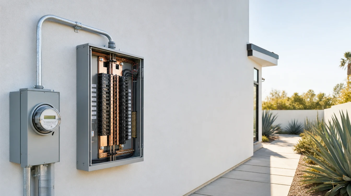 Freshly installed exterior 200-amp residential service panel on a Southern California home